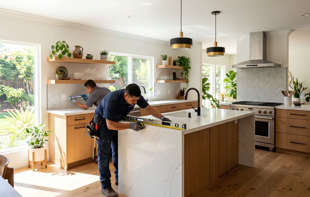 Professional contractors installing countertop Lakewood CA kitchen surfaces, with one applying caulk to the backsplash while another measures the kitchen island for a precise countertop installation.